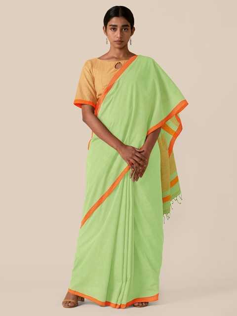 

Taneira Green & Orange Pure Bengal Cotton Taant Saree
