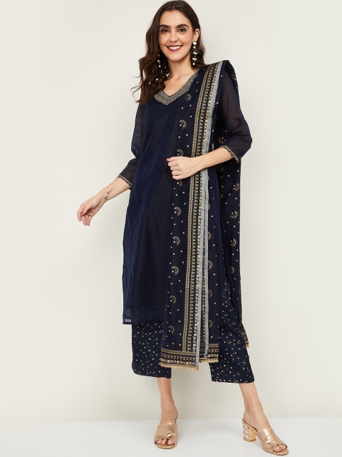 

Melange by Lifestyle Women Navy Blue Chanderi Cotton Kurti with Trousers & Dupatta