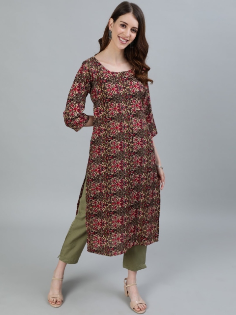 AASI - HOUSE OF NAYO Women Olive Green & Maroon Printed Crepe Kurta