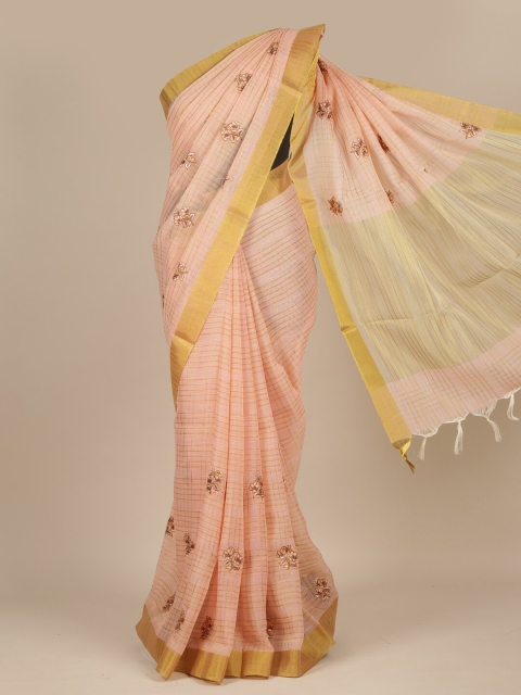 

Pothys Orange & Gold-Toned Checked Zari Pure Cotton Saree