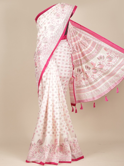 

Pothys Women White & Pink Floral printed Saree with tasseled Pallu