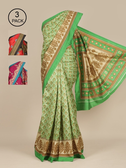 

Pothys Pack of 3 Ethnic Motifs Printed Jute Silk Saree, Green
