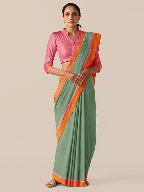 

Taneira Green & Orange Striped Pure Cotton Taant Saree