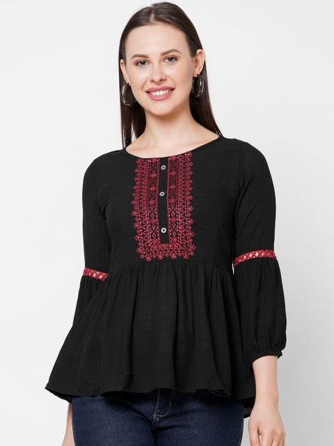 

Os Women Black & Maroon Embroidered Chiffon Puff Sleeve Peplum Top