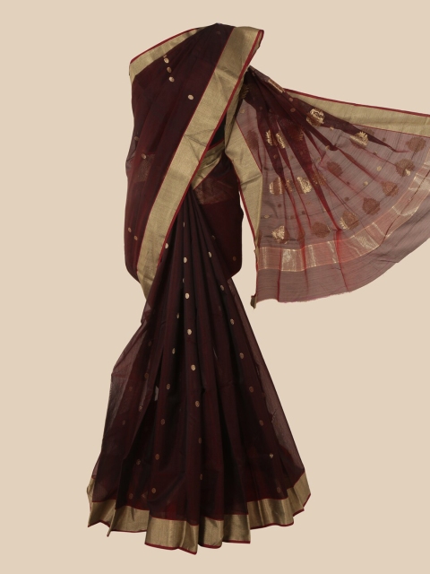 

Pothys Brown & Gold-Toned Woven Design Zari Pure Silk Maheshwari Saree