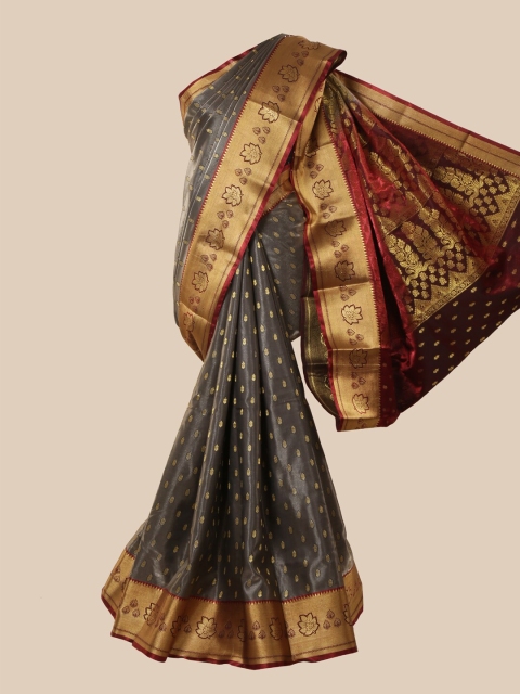 

Pothys Grey & Gold-Toned Ethnic Motifs Zari Satin Banarasi Saree