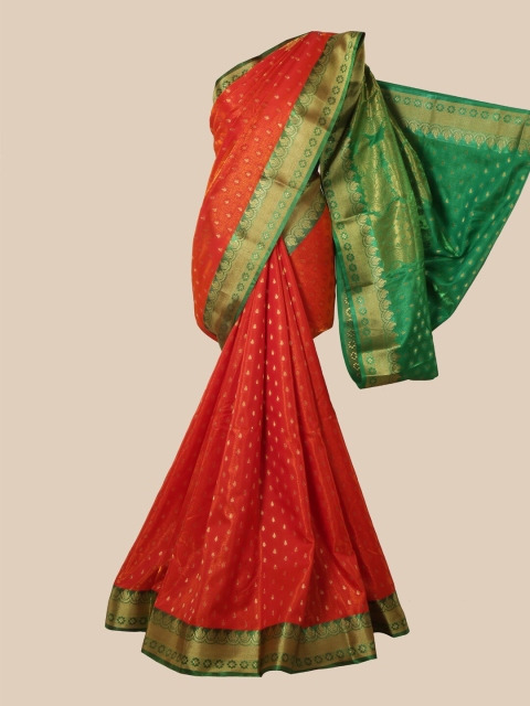 

Pothys Orange & Gold-Toned Ethnic Motifs Satin Banarasi Saree