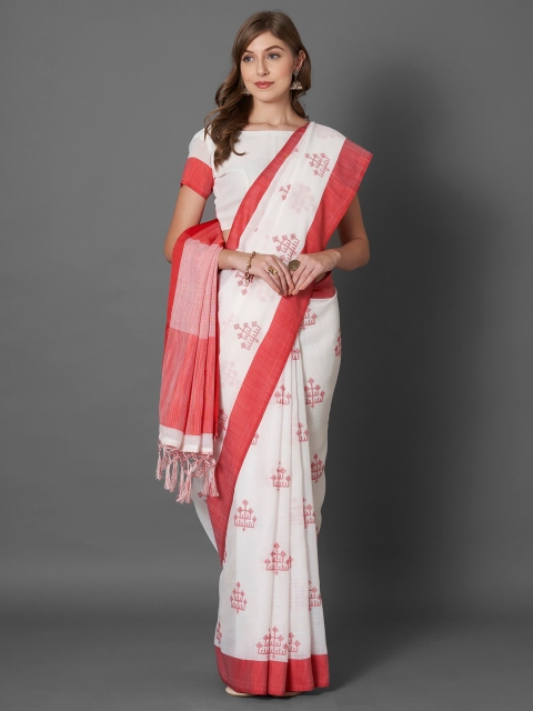 

Mitera White & Red Ethnic Motifs Linen Blend Saree