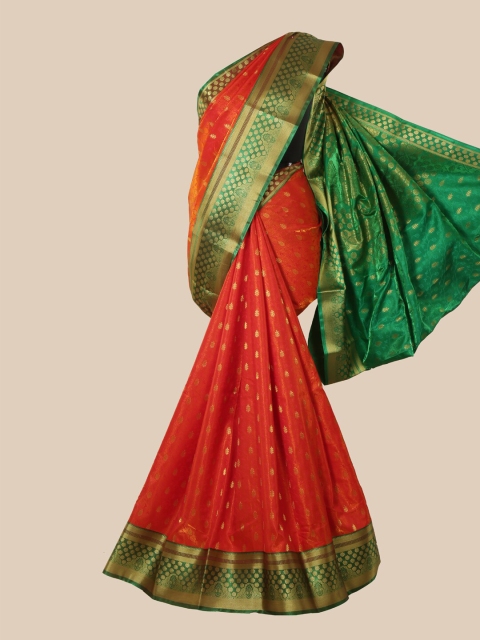 

Pothys Orange & Gold-Toned Ethnic Motifs Zari Satin Banarasi Saree