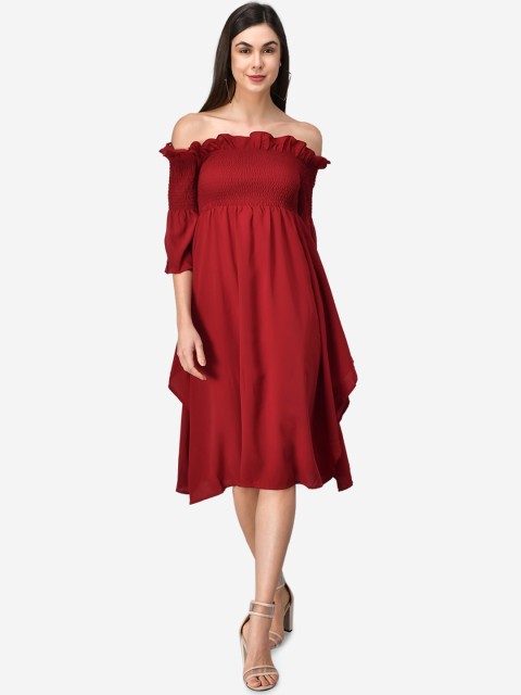 

DARZI Maroon Solid Ruffle Smoked A line Off Shoulder Dress
