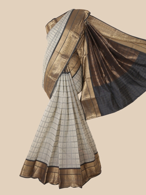 

Pothys Grey & Gold-Toned Checked Pure Silk Kanjeevaram Saree