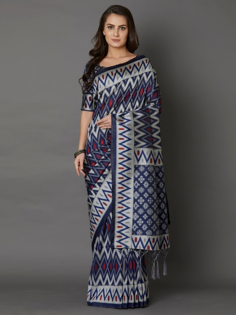 

Mitera Navy Blue & Grey Ethnic Motifs Silk Blend Pochampally Saree
