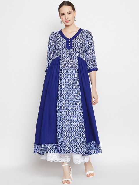 

One of a Kind Women Navy Blue & White Ethnic Motifs Printed Indigo Anarkali Kurta