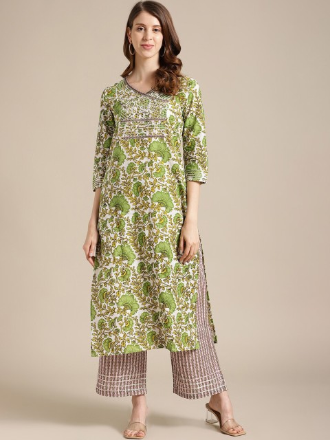 

Varanga Women Green Floral Printed Pure Cotton Kurta with Palazzos