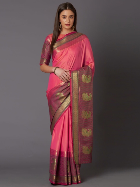 

Mitera Pink & Gold-Toned Floral Silk Blend Saree