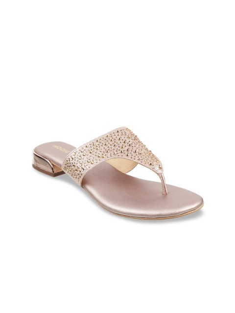 

Mochi Women Gold Embellished Leather Ethnic T-Strap Flats
