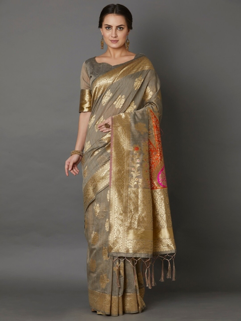 

Mitera Beige & Gold-Toned Floral Zari Silk Cotton Saree