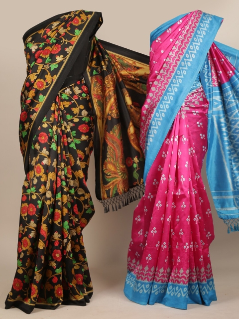 

Pothys Pack of 2 Black & Pink Floral & Printed Jute Silk Sarees