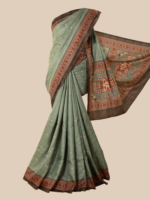

Pothys Green & Brown Ethnic Motifs Jute Silk Saree