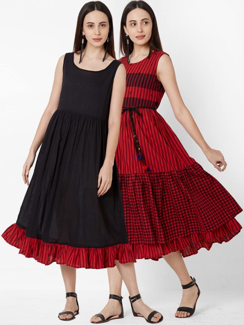 

ZOLA Red Checked Midi Layered Dress with Belt