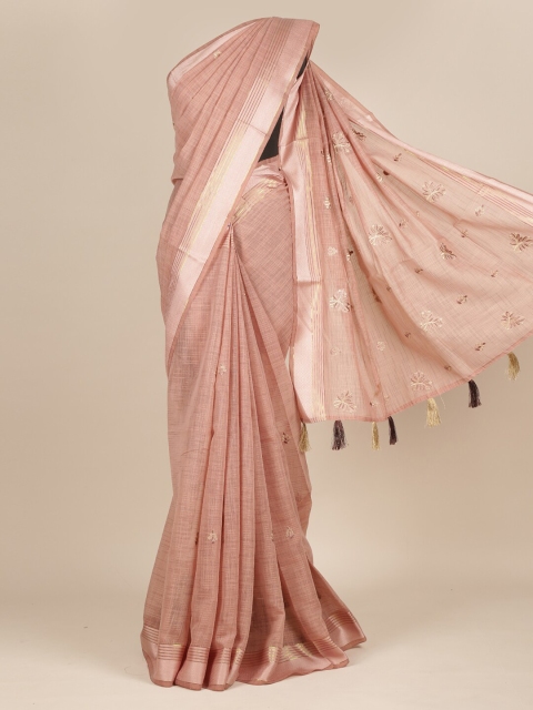 Pothys Pink & Gold Coloured Ethnic Motifs Embroidered Pure Cotton Saree