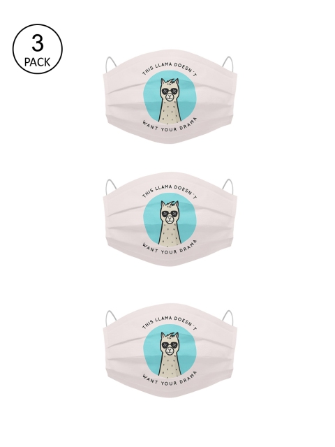 

Bigsmall Unisex Pack Of 3 White & Turquoise Blue Llama Wants No Drama Printed 4-Ply Cotton Cloth Masks With Filter