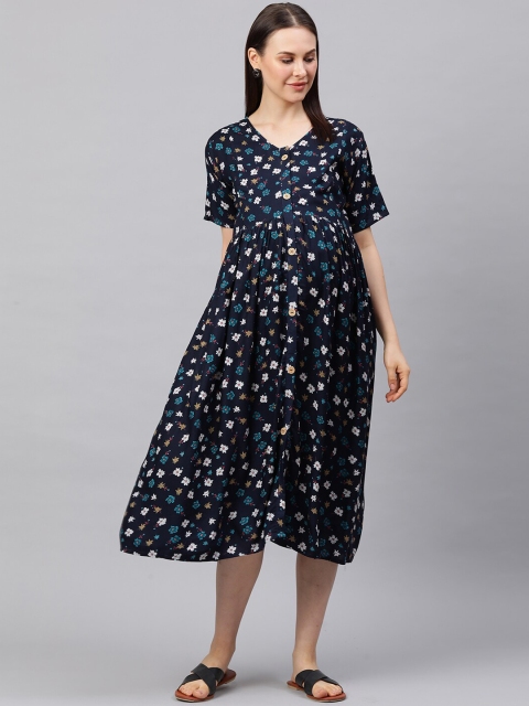 

MomToBe Navy Blue Floral A-Line Midi Maternity Nursing Dress