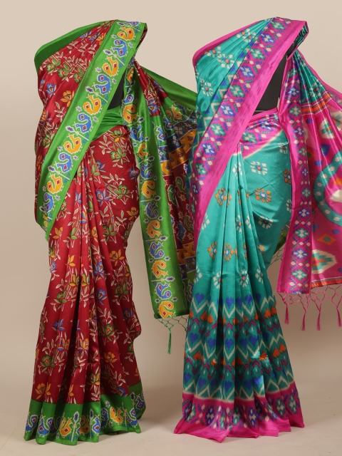 

Pothys Set of 2 Maroon & Sea Green Ethnic Motifs Jute Silk Sarees