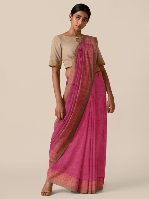 

Taneira Pink & Green Ethnic Motifs Zari Pure Cotton Taant Saree