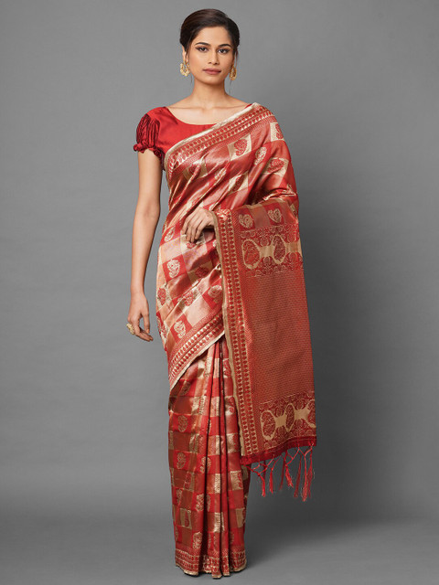 

Mitera Red & Gold-Toned Paisley Zari Silk Blend Banarasi Saree