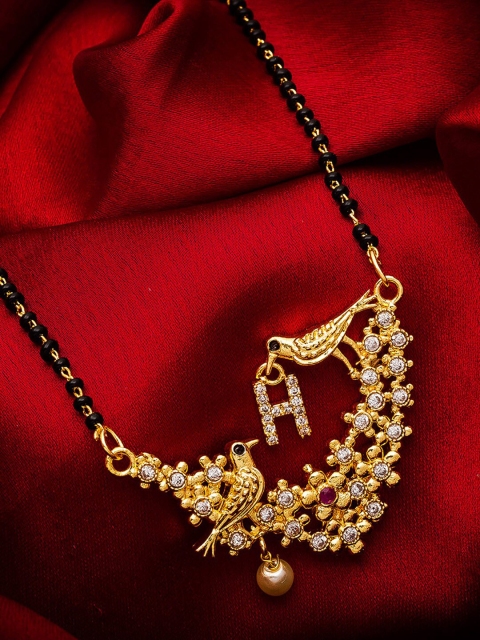 

aadita Gold-Plated Black & White Stone-Studded Alphabet Initials Letter H Mangalsutra