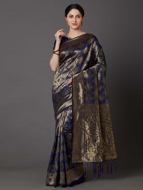 

Mitera Navy Blue & Gold-Toned Woven Design Zari Silk Blend Banarasi Saree