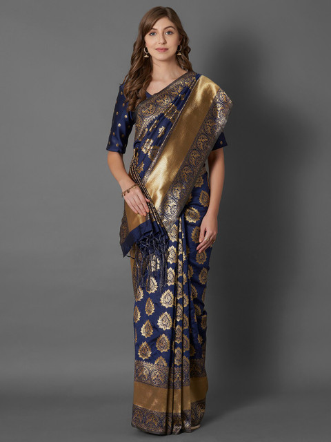 

Mitera Navy Blue & Gold-Toned Woven Design Zari Silk Blend Dharmavaram Saree