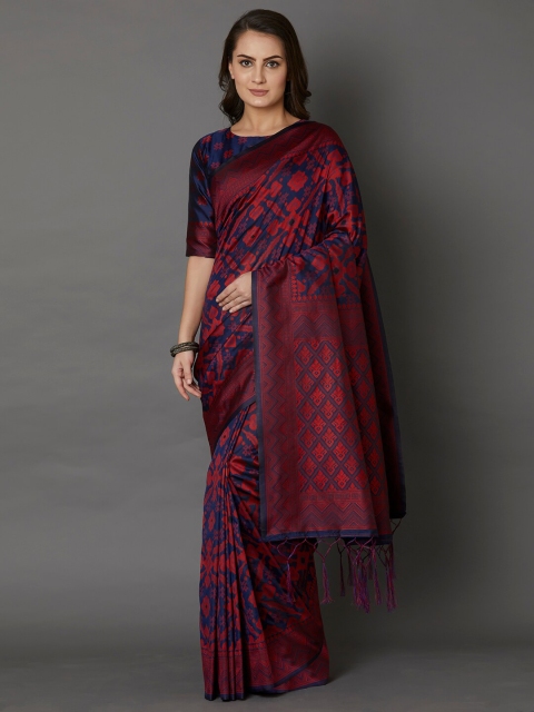 

Mitera Navy Blue & Red Woven Design Silk Blend Saree