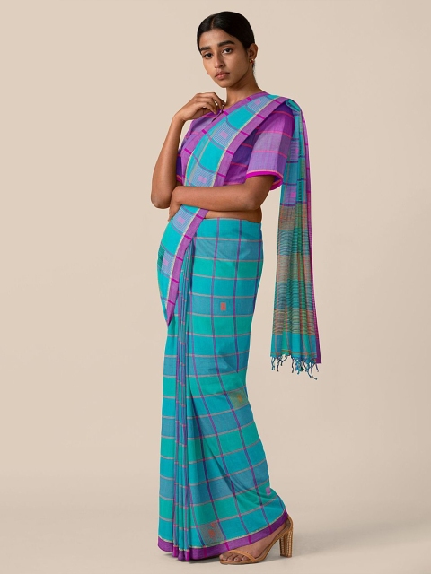 

Taneira Blue & Green Checked Zari Pure Cotton Taant Saree