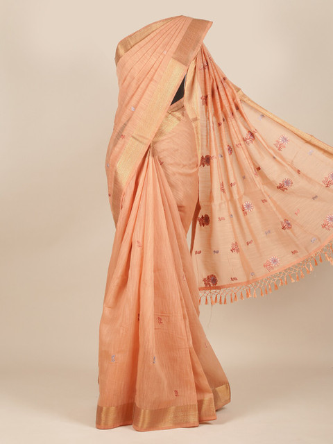 

Pothys Peach & Gold Coloured Floral Embroidered Pure Cotton Saree