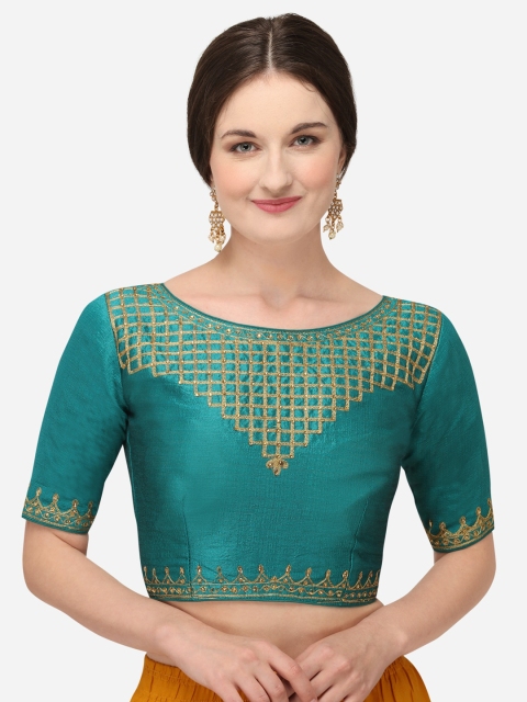 

Fab Dadu Women Turquoise Blue & Gold Embroidered Silk Saree Blouse