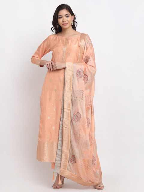 Stylee LIFESTYLE Peach & Silver-Toned Unstitched Dress Material