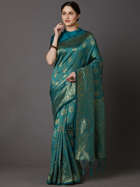 

Mitera Teal & Gold-Toned Woven Design Zari Silk Blend Banarasi Saree