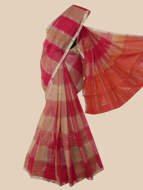 

Pothys Beige & Red Checked Zari Pure Silk Kanjeevaram Saree