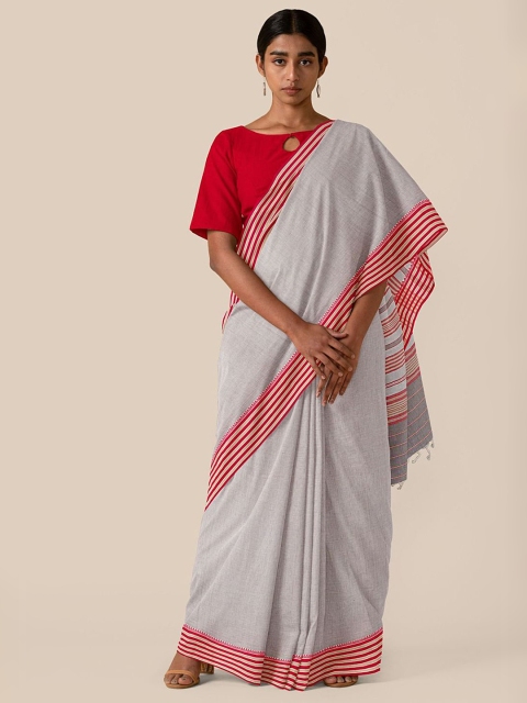 

Taneira Grey & Red Pure Cotton Taant Saree