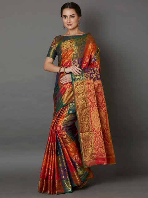 

Mitera Green & Orange Woven Design Silk Blend Saree
