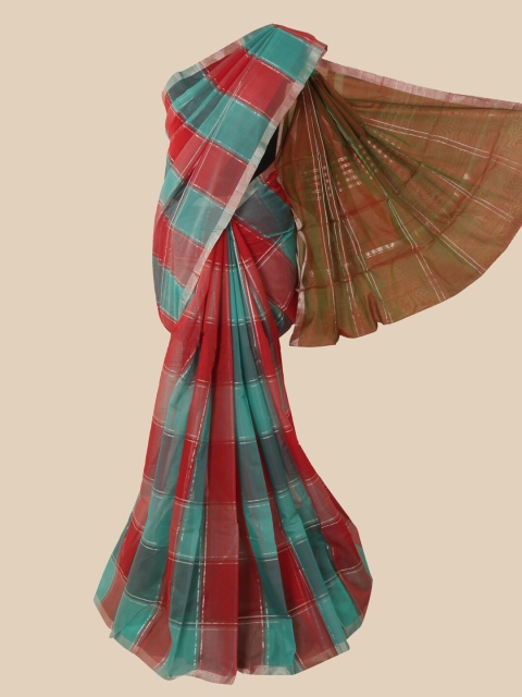

Pothys Turquoise Blue & Red Checked Zari Pure Silk Kanjeevaram Saree