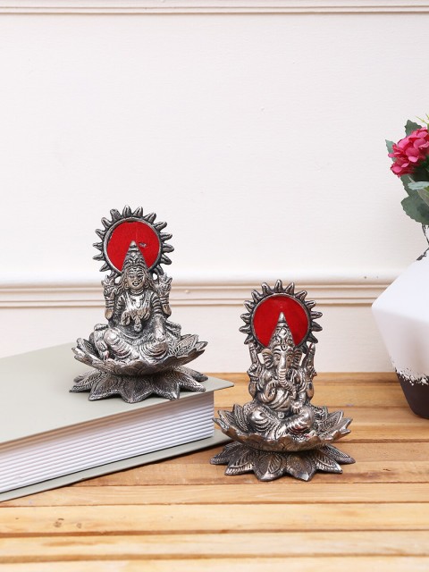 

Aapno Rajasthan Silver-Toned & Red Laxmi Ganesh Sitting On Lotus Showpiece