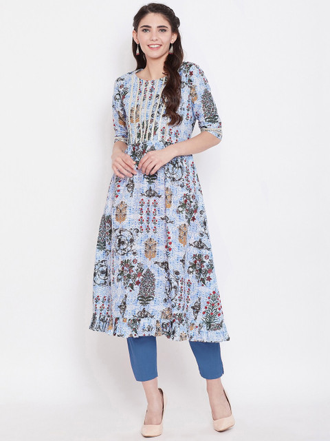 

One of a Kind Blue Floral Printed Zardozi Pure Cotton Zardozi Kurti