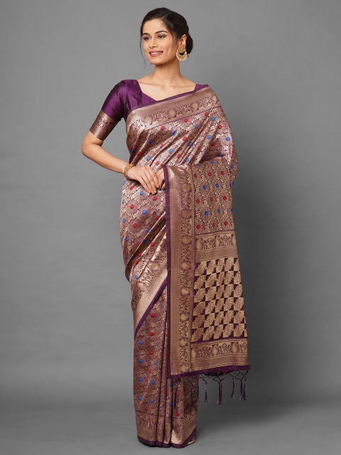 

Mitera Burgundy & Gold-Toned Woven Design Zari Silk Blend Banarasi Saree