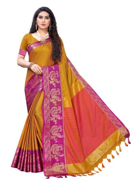 

KALINI Mustard & Purple Ethnic Motifs Zari Saree