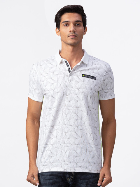 

SPYKAR Men White Geometric Printed Polo Collar Slim Fit T-shirt