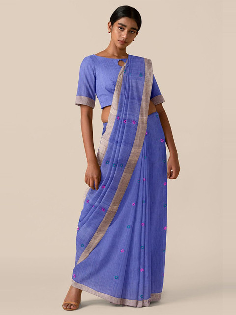 

Taneira Blue Ethnic Motifs Embroidered Pure Cotton Saree