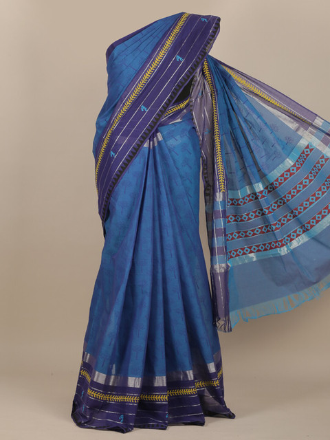 

Pothys Blue & Yellow Floral Zari Saree